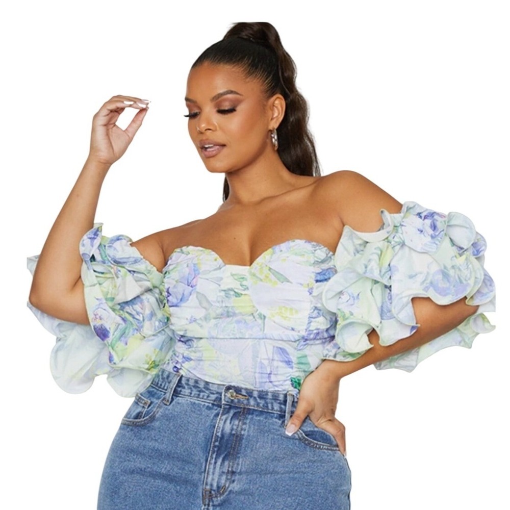 PrettyLittleThing Floral Ruffle Sleeve Corset Top Blue Purple Green‎ Womens 12